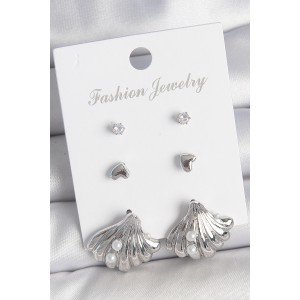 Brass Silver Color Zircon Stone Detailed Pearl Detailed Sea Shell Model 3 Pairs Women's Earrings