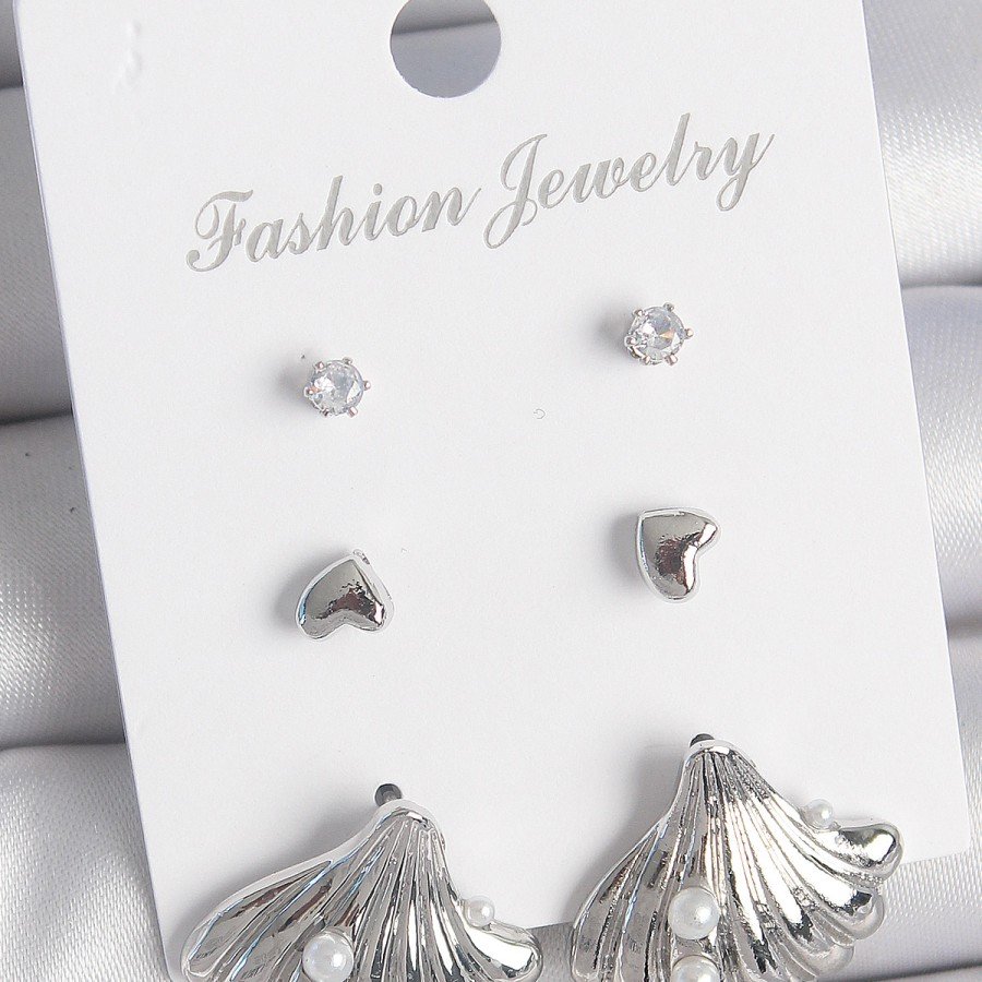 Brass Silver Color Zircon Stone Detailed Pearl Detailed Sea Shell Model 3 Pairs Women s Earrings