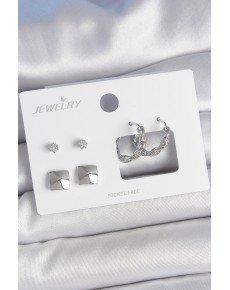 Brass Silver Color Zircon Stone Stud Ring Model Square Detail 3 Pair Women's Earring Set