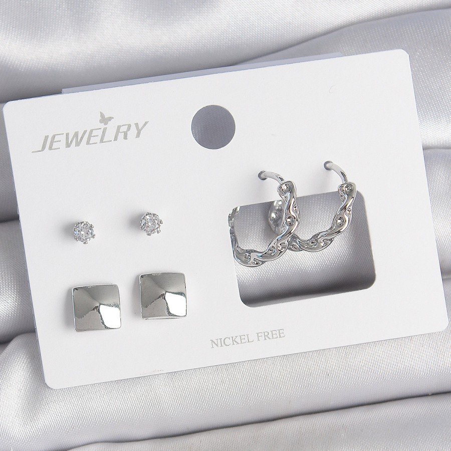 Brass Silver Color Zircon Stone Stud Ring Model Square Detail 3 Pair Women s Earring Set Brass Silver Color Zircon Stone Stud Ring Model Square Detail 3 Pair Women s Earring Set