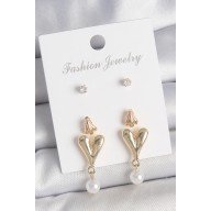 Brass Gold Color Zircon Stone Pearl Pendant Heart Model 3 Pair Women's Earring Set