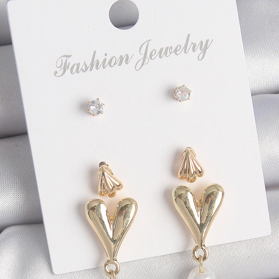 Brass Gold Color Zircon Stone Pearl Pendant Heart Model 3 Pair Women s Earring Set Brass Gold Color Zircon Stone Pearl Pendant Heart Model 3 Pair Women s Earring Set