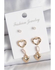 Brass Gold Color Zircon Stone Dangle Heart Model Women's 3 Pair Earring Set