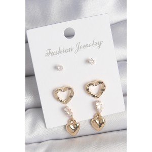 Brass Gold Color Zircon Stone Dangle Heart Model Women's 3 Pair Earring Set