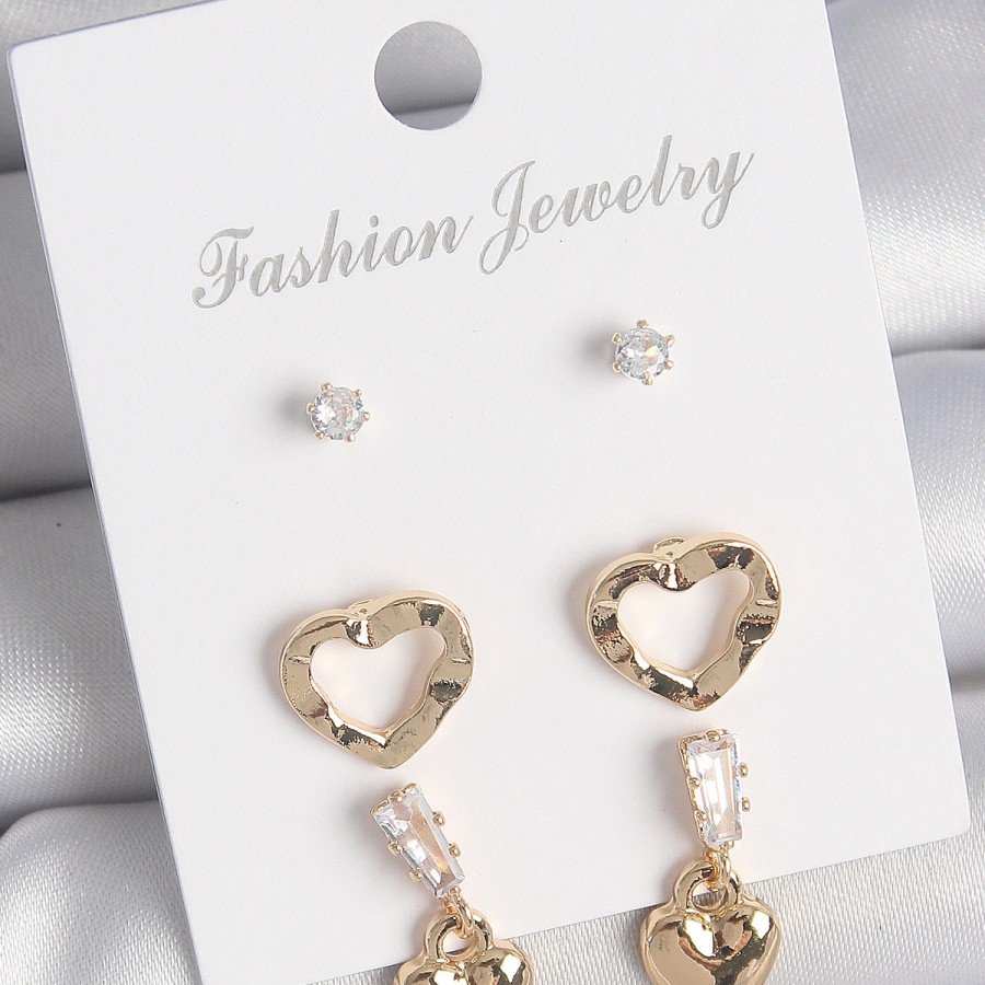 Brass Gold Color Zircon Stone Dangle Heart Model Women s 3 Pair Earring Set