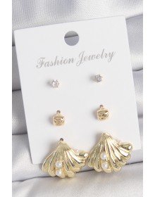Brass Gold Color Zircon Stone Pearl Detailed Sea Shell Model 3 Pair Women's Earring Set