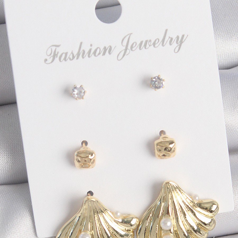 Brass Gold Color Zircon Stone Pearl Detailed Sea Shell Model 3 Pair Women s Earring Set