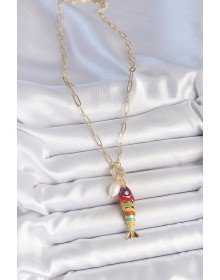 Gold Color Brass Necklace with Pearl Detailed Zircon Stone and Rainbow Fish Figure