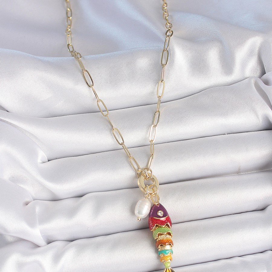 Gold Color Brass Necklace with Pearl Detailed Zircon Stone and Rainbow Fish Figure