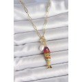 Gold Color Brass Necklace with Pearl Detailed Zircon Stone and Rainbow Fish Figure