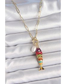 Gold Color Brass Necklace with Pearl Detailed Zircon Stone and Rainbow Fish Figure