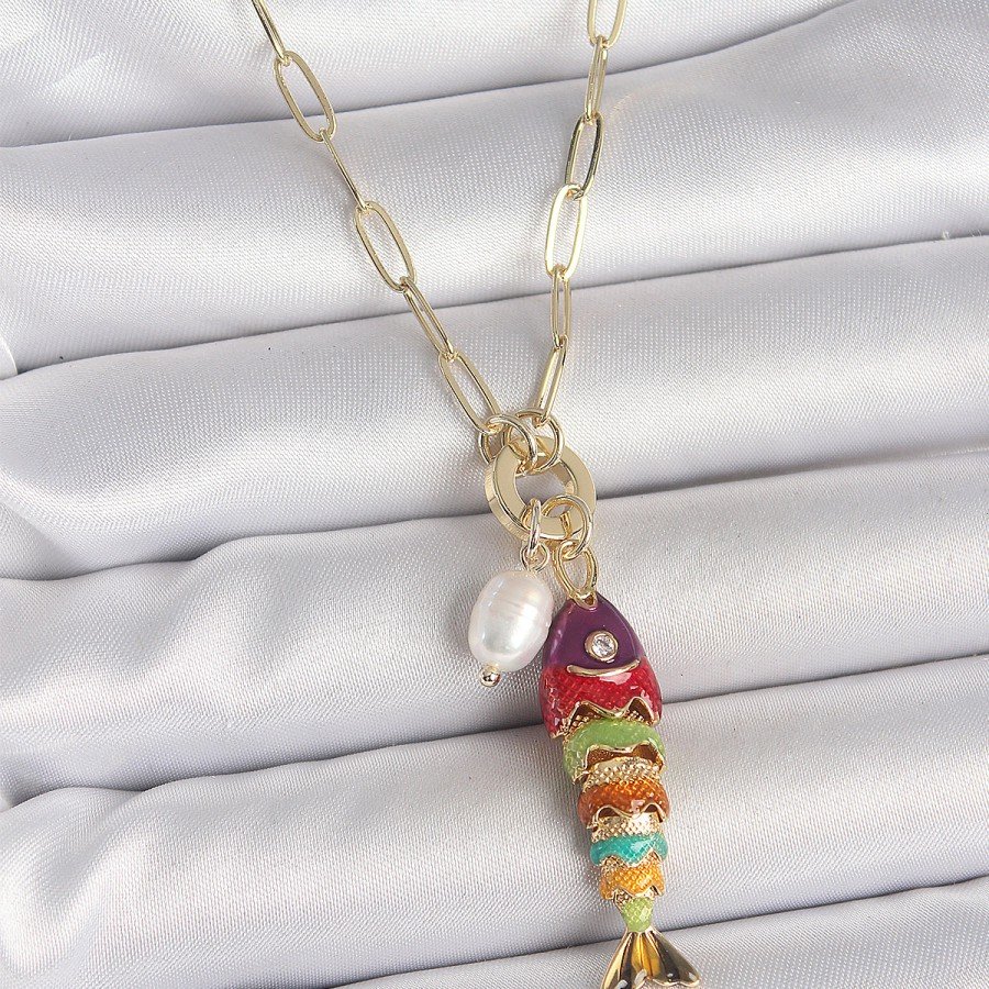 Gold Color Brass Necklace with Pearl Detailed Zircon Stone and Rainbow Fish Figure