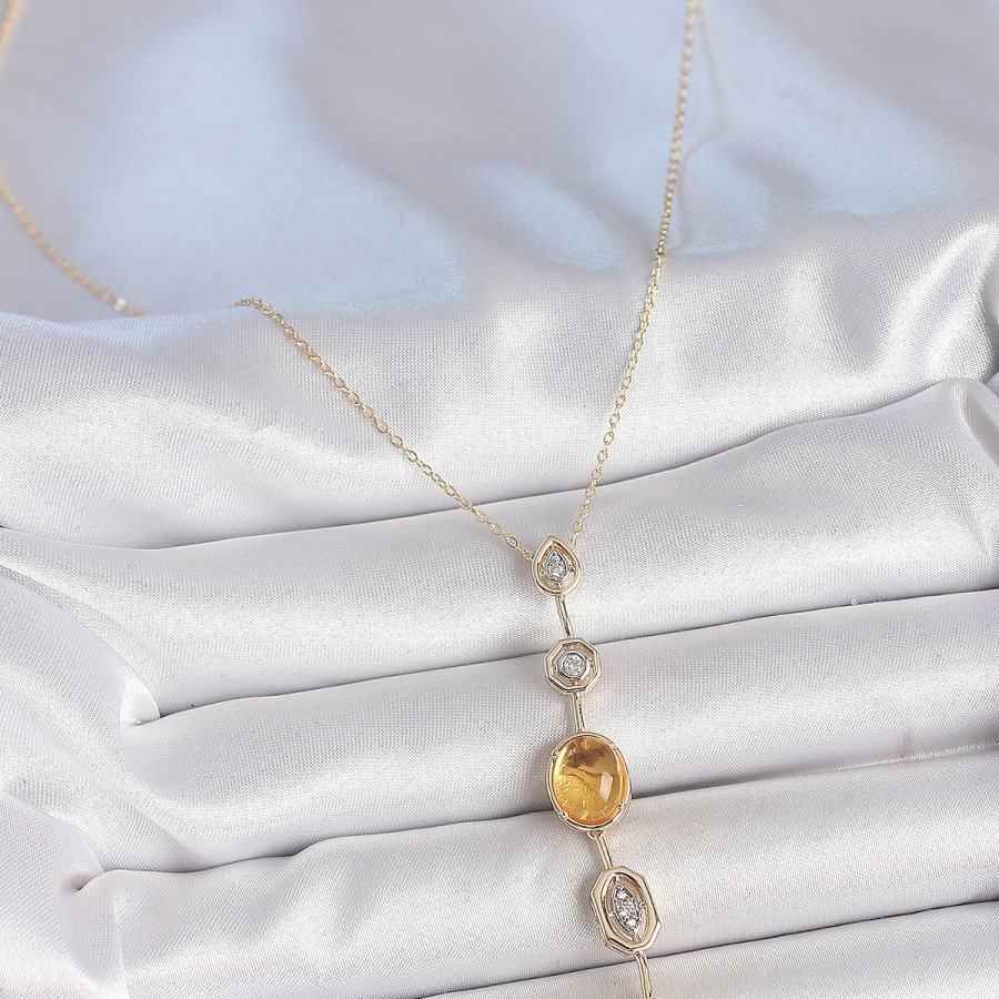 Brass Chain Amber Yellow Gold Color Zircon Stone Y Necklace