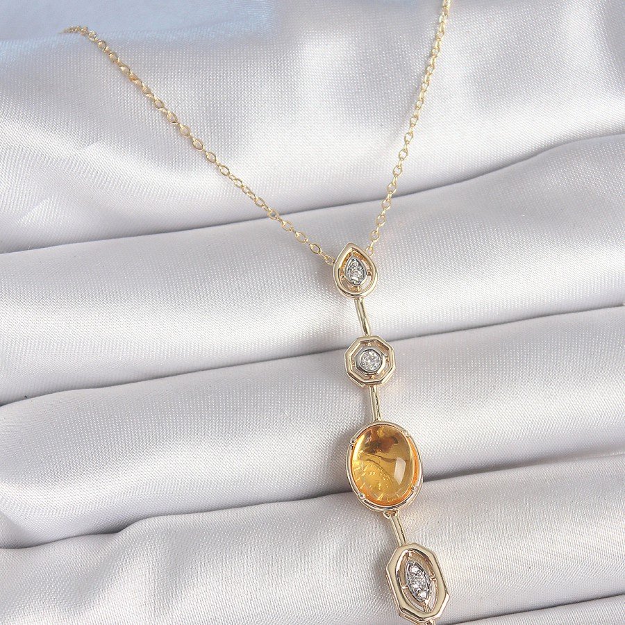 Brass Chain Amber Yellow Gold Color Zircon Stone Y Necklace