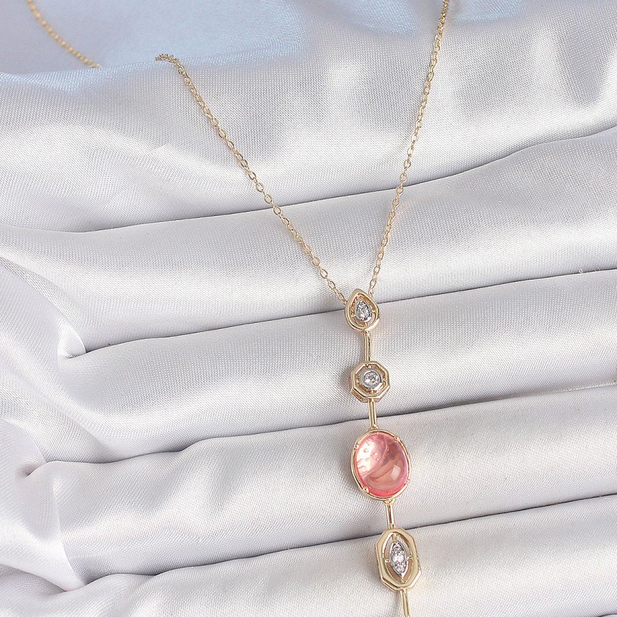 Brass Chain Pink Gold Color Zircon Stone Y Necklace