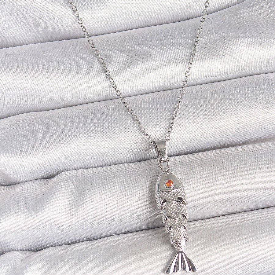 316L Steel Chain Silver Color Zircon Stone Fish Figure Necklace