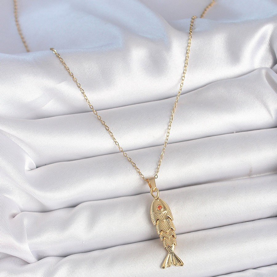 316L Steel Chain Gold Color Zircon Stone Fish Figure Necklace