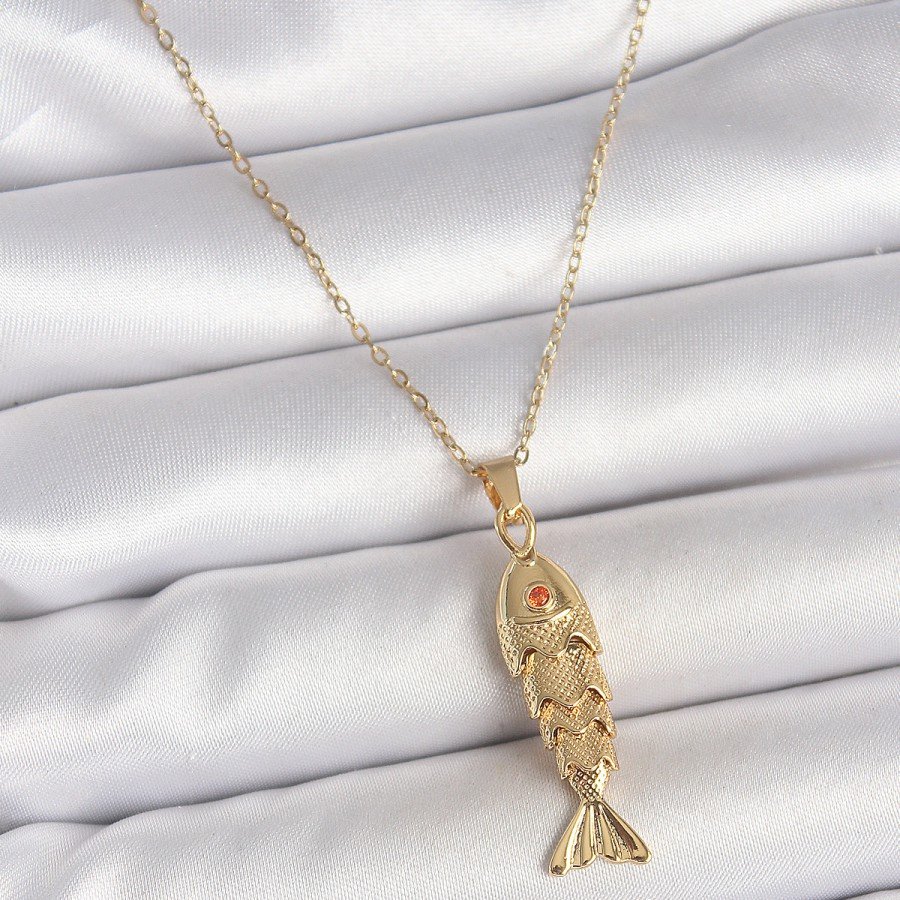 316L Steel Chain Gold Color Zircon Stone Fish Figure Necklace