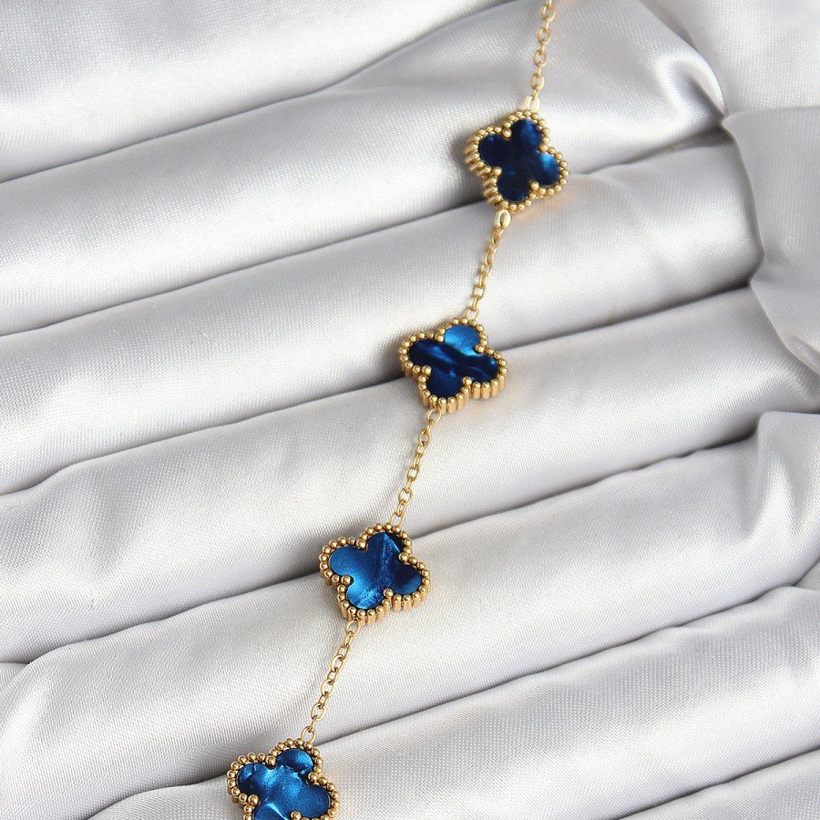 316L Steel Pearlescent Navy Blue Gold Color Clover Women s Bracelet