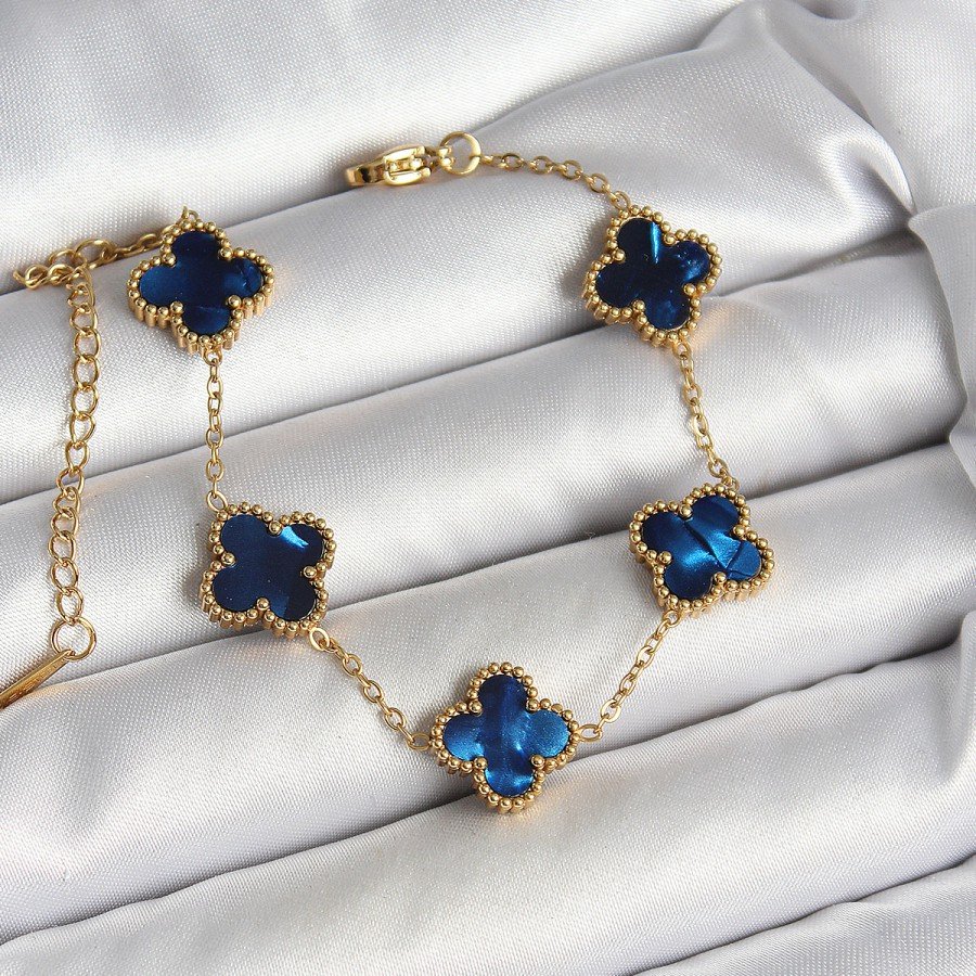 316L Steel Pearlescent Navy Blue Gold Color Clover Women s Bracelet