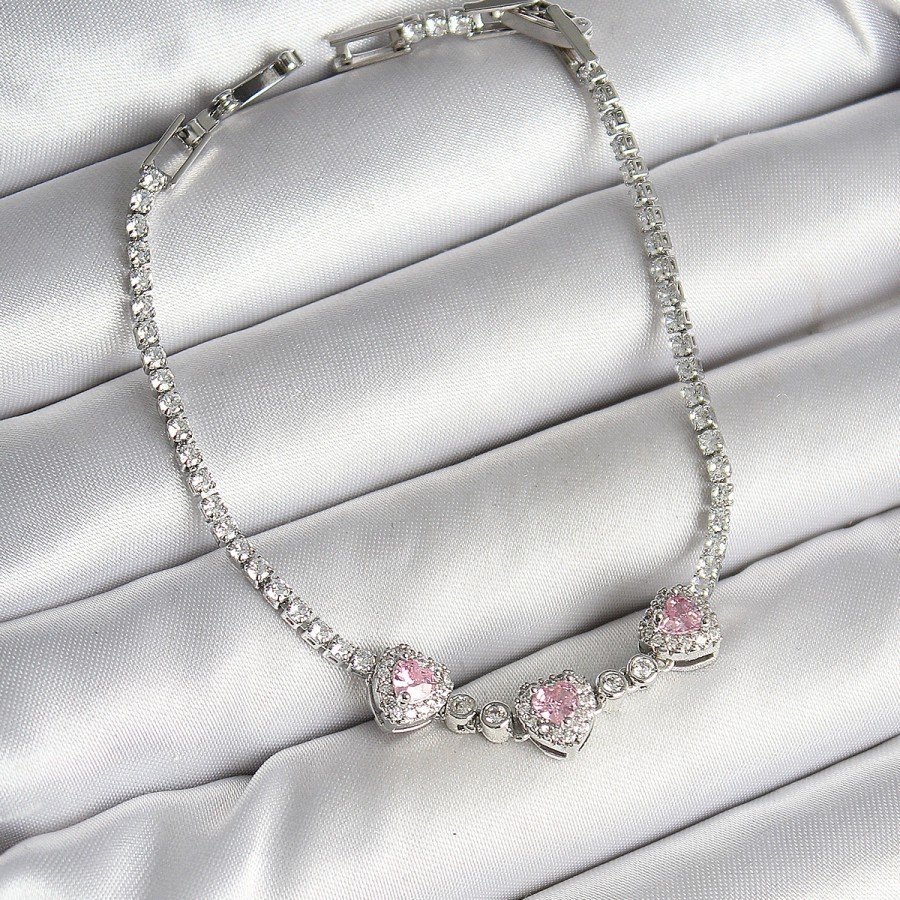 Brass Row Pink Heart Figured Zircon Stone Silver Color Women s Bracelet