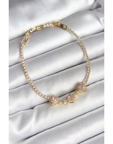 Brass Row Pink Heart Figured Zircon Stone Gold Color Women's Bracelet