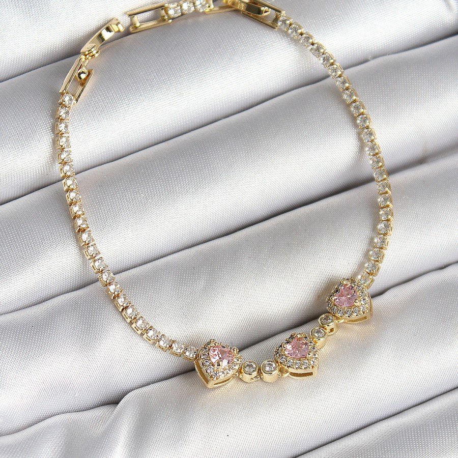 Brass Row Pink Heart Figured Zircon Stone Gold Color Women s Bracelet
