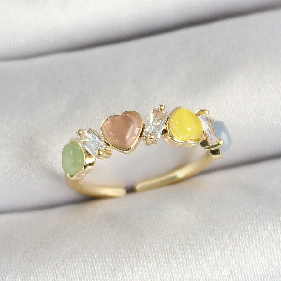 Brass Row Heart Figured Zircon Stone Gold Color Adjustable Women s Ring