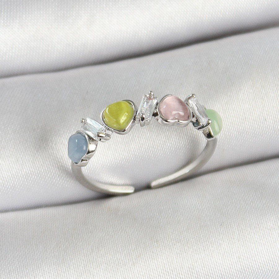 Brass Row Heart Figured Zircon Stone Silver Color Adjustable Women s Ring