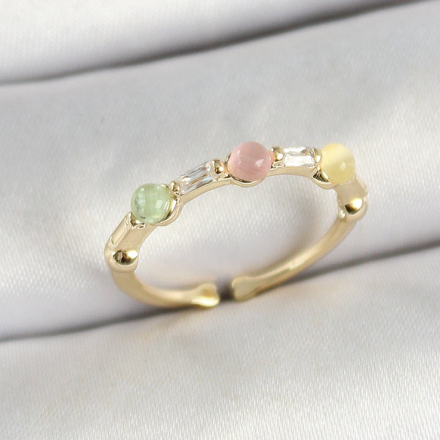Brass Rowed Bead Figured Zircon Stone Gold Color Adjustable Women s Ring
