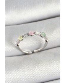 Brass Rowed Bead Figured Zircon Stone Silver Color Adjustable Women's Ring