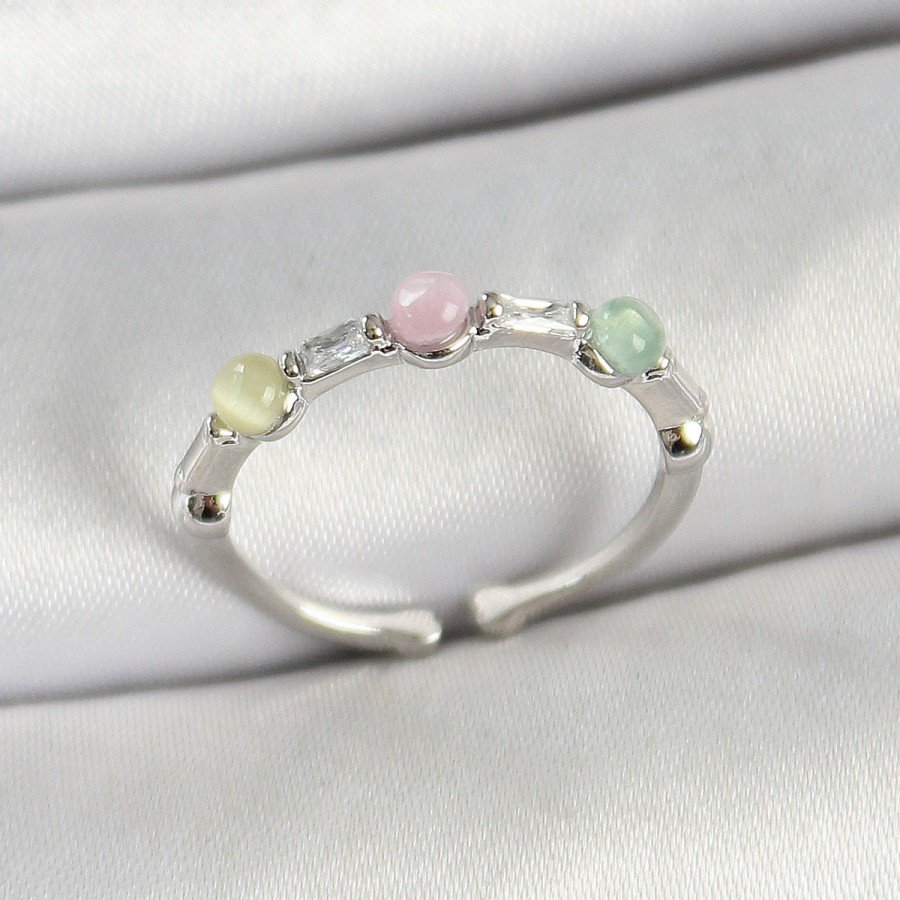 Brass Rowed Bead Figured Zircon Stone Silver Color Adjustable Women s Ring
