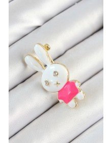 Women's Brooch with Zircon Stone Detail and White and Pink 3D Rabbit Figure