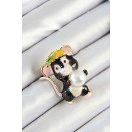 Gold Color Women's Brooch with Pearl Detailed Black and Pink 3D Cute Mouse Figure