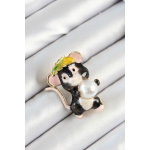 Gold Color Women's Brooch with Pearl Detailed Black and Pink 3D Cute Mouse Figure