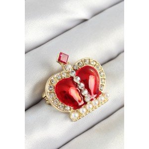 Gold Color Women's Brooch with Zircon Stone and Pearl Detail, Red 3D Queen Crown Figure
