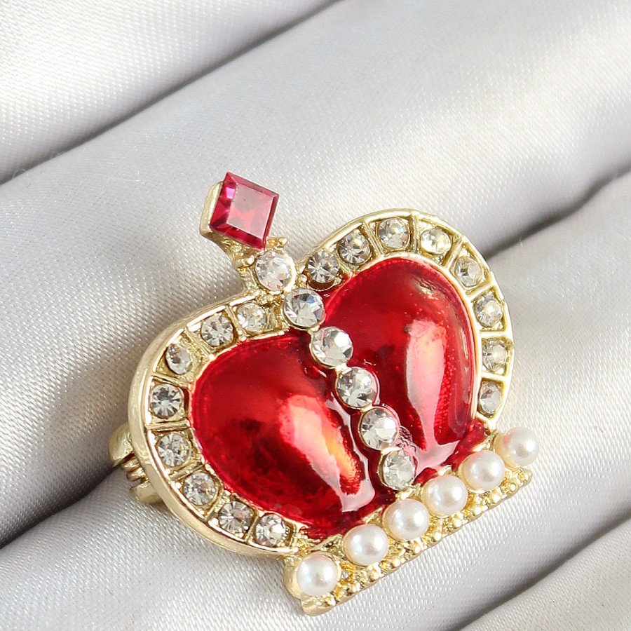 Gold Color Women s Brooch with Zircon Stone and Pearl Detail, Red 3D Queen Crown Figure Gold Color Women s Brooch with Zircon Stone and Pearl Detail, Red 3D Queen Crown Figure