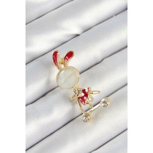 Gold Color Women's Brooch with Zircon Stone Detailed Red 3D Scooter Riding Bunny Girl Figure