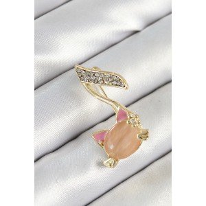 Gold Color Women's Brooch with Zircon Stone and 3D Cat Detail and Musical Note Figure