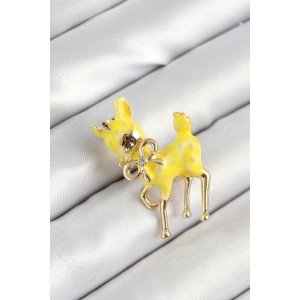 Gold Color Women's Brooch with Zircon Stone Bow Detail and 3D Yellow Gazelle Figure