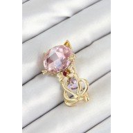 Gold Color Women's Brooch with Pink Zircon Stone Cap Detail and Cat Figure