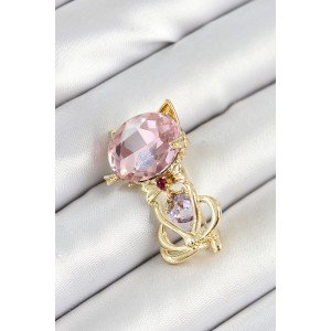Gold Color Women's Brooch with Pink Zircon Stone Cap Detail and Cat Figure