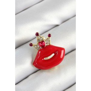 Gold Color Women's Brooch with Zircon Stone Queen Crown Detail and 3D Red Lip Figure