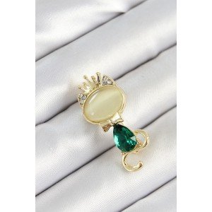 Gold Color Women's Brooch with Green Drop Zircon Stone and Queen Crown Cat Figure