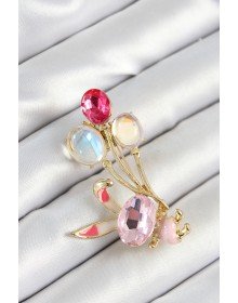 Gold Color Women's Brooch with Zircon Stone Balloon and Pink Rabbit Figure