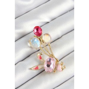 Gold Color Women's Brooch with Zircon Stone Balloon and Pink Rabbit Figure