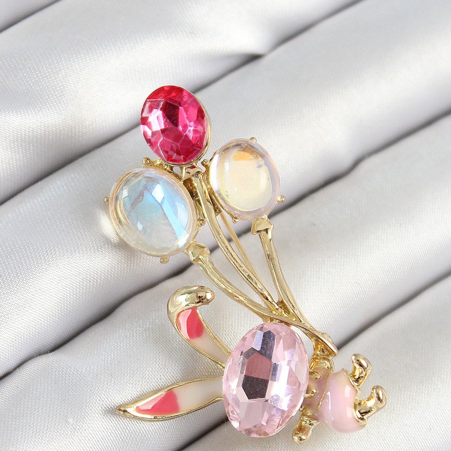 Gold Color Women s Brooch with Zircon Stone Balloon and Pink Rabbit Figure