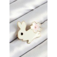 Gold Color Women's Brooch with Enameled Flower Detail and Cream Rabbit Figure