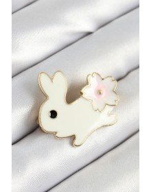 Gold Color Women's Brooch with Enameled Flower Detail and Cream Rabbit Figure