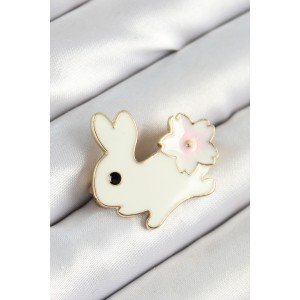 Gold Color Women's Brooch with Enameled Flower Detail and Cream Rabbit Figure